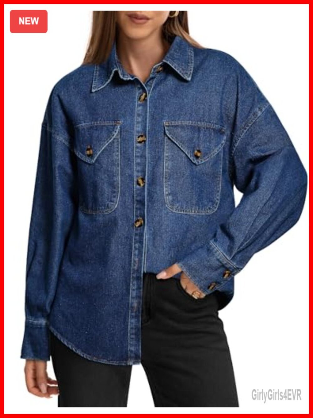 Women's Oversized Denim Button Down Shirt Long Sleeve Jean Top